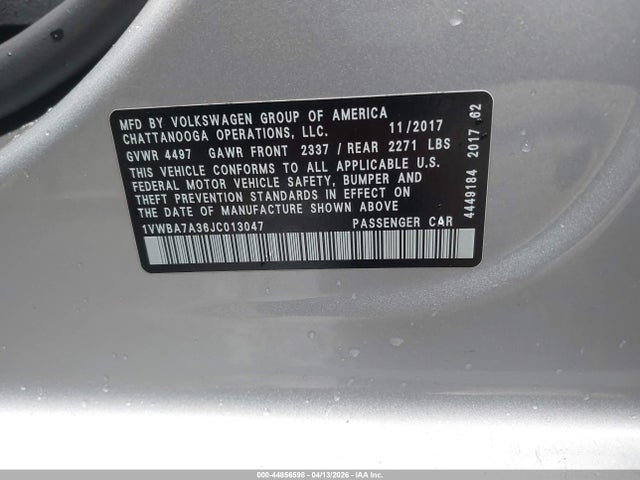 Продаж на аукціоні авто 2018 Volkswagen Passat 2.0t Se, vin: 1VWBA7A36JC013047, номер лоту: 44856598