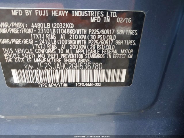 Aukcja sprzedaży 2016 Subaru Forester 2.5i Limited, vin: JF2SJAHC2GH536780, numer aukcji: 44856612