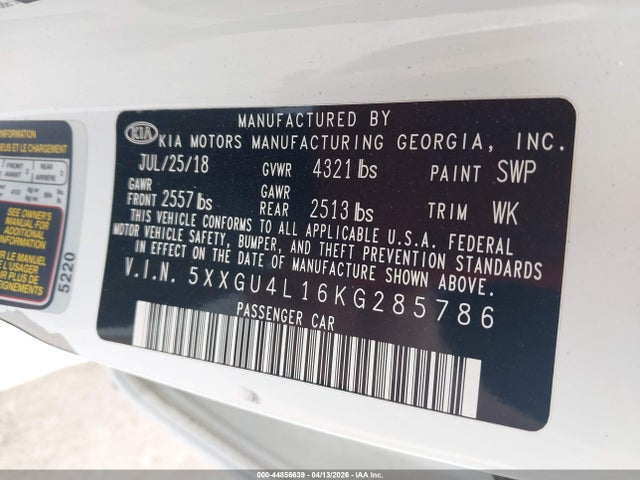 Продаж на аукціоні авто 2019 Kia Optima Ex, vin: 5XXGU4L16KG285786, номер лоту: 44856639