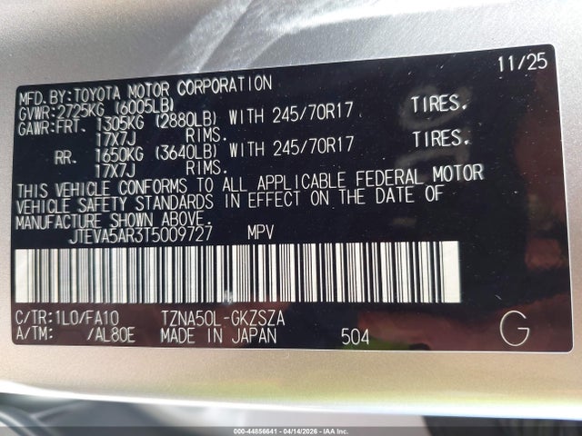 2026 Toyota 4runner Sr5 მანქანა იყიდება აუქციონზე, vin: JTEVA5AR3T5009727, აუქციონის ნომერი: 44856641
