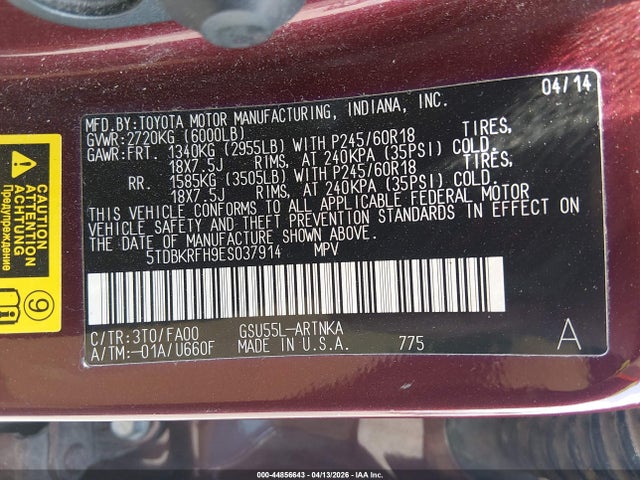 Toyota Highlander Le Plus V6 2014 5TDBKRFH9ES037914 Image 9