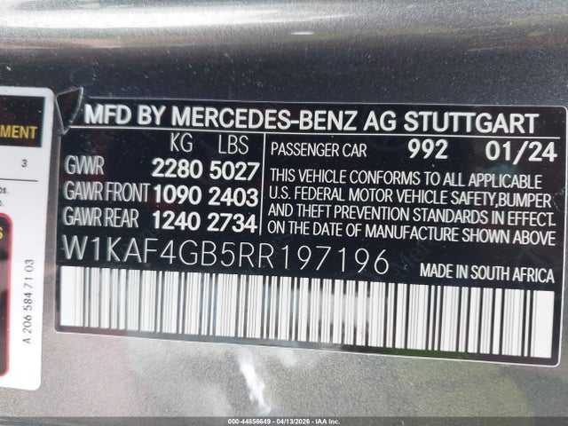 Продаж на аукціоні авто 2024 Mercedes-benz C 300, vin: W1KAF4GB5RR197196, номер лоту: 44856649