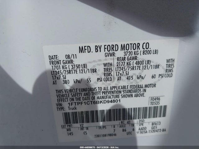 2011 Ford F150 მანქანა იყიდება აუქციონზე, vin: 1FTPF1CT6BKD94801, აუქციონის ნომერი: 44856670