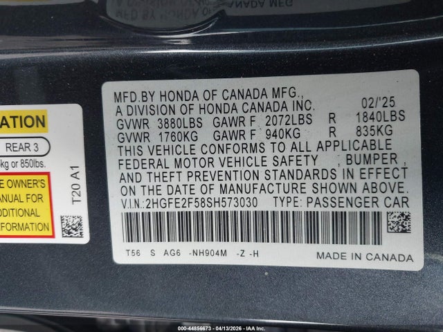 Продажа на аукционе авто 2025 Honda Civic Sport, vin: 2HGFE2F58SH573030, номер лота: 44856673
