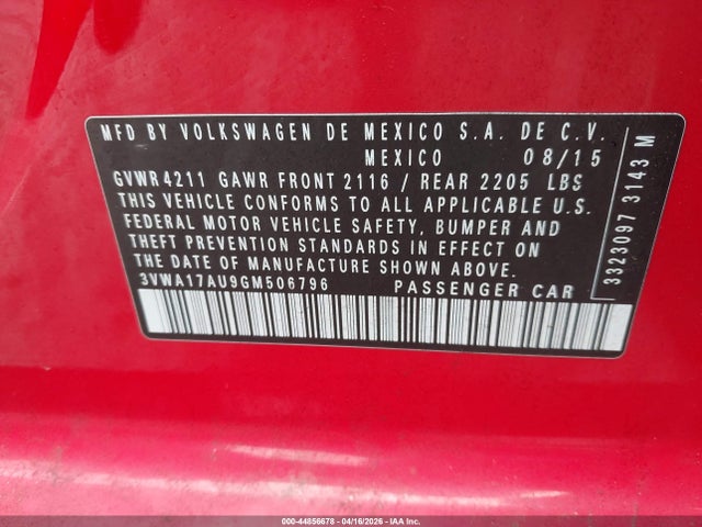 44856678 :رقم المزاد ، 3VWA17AU9GM506796 vin ، 2016 Volkswagen Golf Sportwagen Tsi S 4-door مزاد بيع