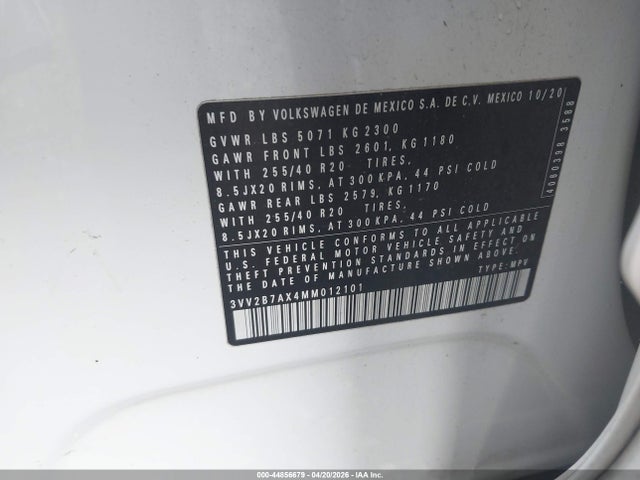 Продаж на аукціоні авто 2021 Volkswagen Tiguan 2.0t Se/2.0t Se R-line Black/2.0t Sel, vin: 3VV2B7AX4MM012101, номер лоту: 44856679