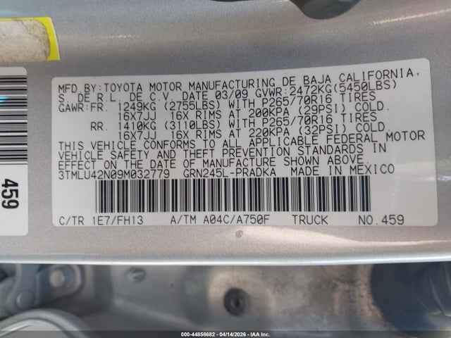 2009 Toyota Tacoma Base V6 მანქანა იყიდება აუქციონზე, vin: 3TMLU42N09M032779, აუქციონის ნომერი: 44856682