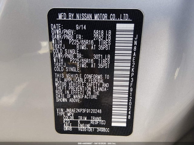 Nissan Quest Sv 2015 JN8AE2KP3F9120248 Image 9
