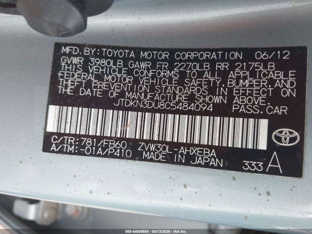 2012 TOYOTA PRIUS JTDKN3DU8C5484094 Photo 8