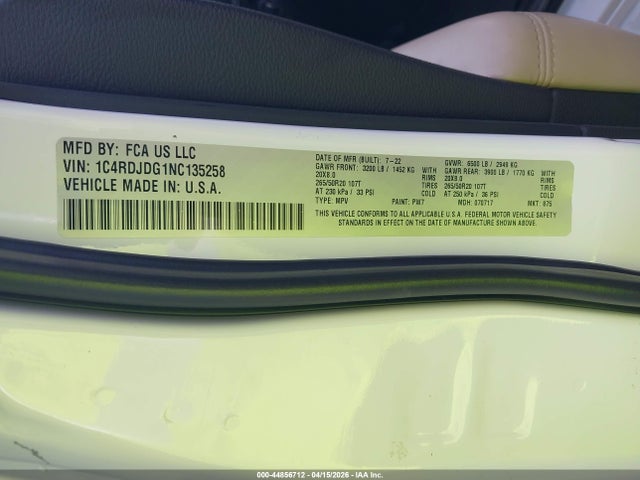 Aukcja sprzedaży 2022 Dodge Durango Gt Plus Awd, vin: 1C4RDJDG1NC135258, numer aukcji: 44856712