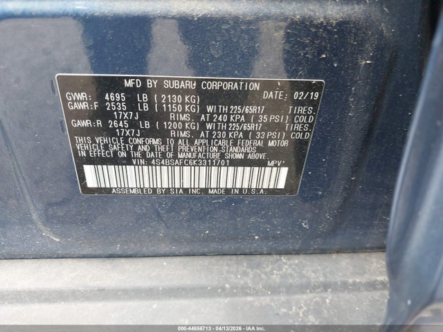 Продаж на аукціоні авто 2019 Subaru Outback 2.5i Premium, vin: 4S4BSAFC6K3311701, номер лоту: 44856713