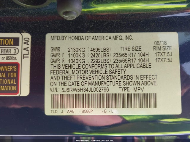 5J6RW5H34JL002796 Honda CR-V LX