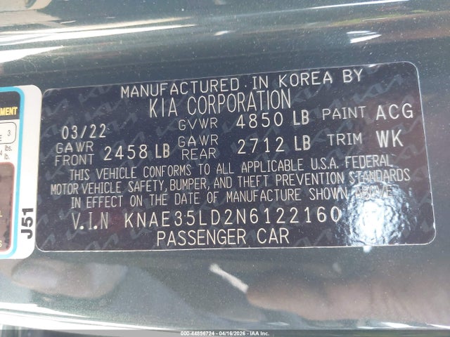 Aukcja sprzedaży 2022 Kia Stinger Gt-line, vin: KNAE35LD2N6122160, numer aukcji: 44856724