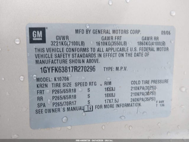 Aukcja sprzedaży 2007 Cadillac Escalade Standard, vin: 1GYFK63817R270296, numer aukcji: 44856726