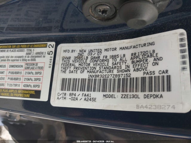 2007 Toyota Corolla Ce მანქანა იყიდება აუქციონზე, vin: 1NXBR32E27Z897152, აუქციონის ნომერი: 44856728