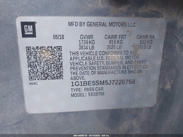 1G1BE5SM5J7220758 Chevrolet Cruze Lt Auto