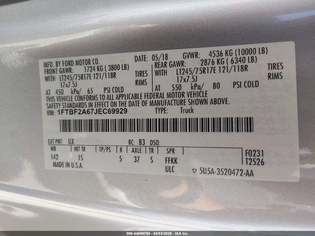 Ford F-250 Xl 2018 1FTBF2A67JEC69929 Image 9