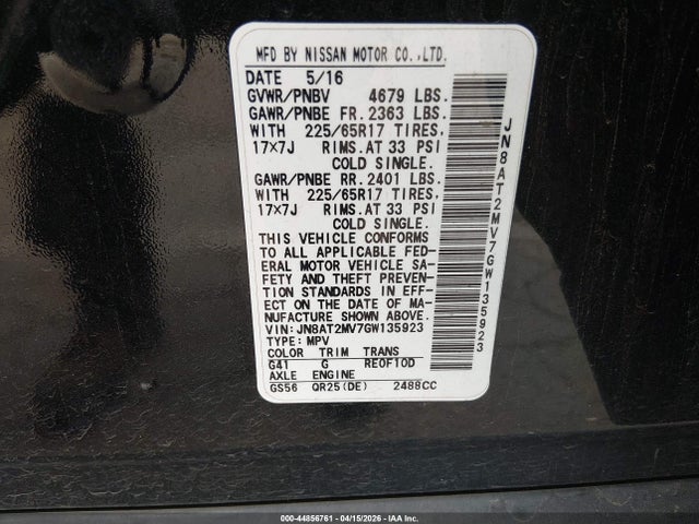 JN8AT2MV7GW135923 Nissan ROGUE S