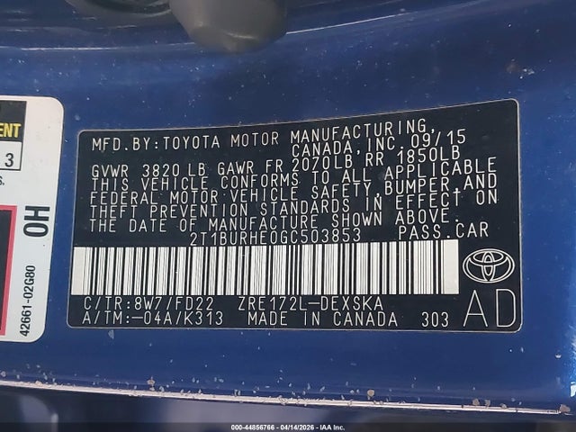 2016 TOYOTA COROLLA 2T1BURHE0GC503853 Photo 8