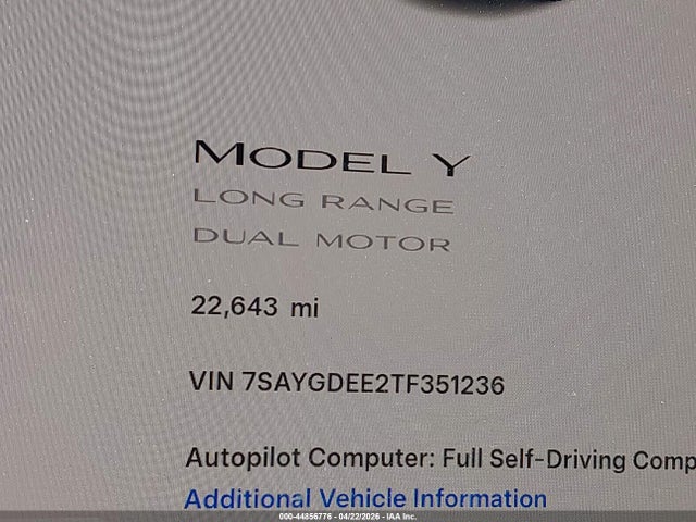 Aukcja sprzedaży 2026 Tesla Model Y All-wheel Drive/long Range Launch Series/premium All-wheel Drive, vin: 7SAYGDEE2TF351236, numer aukcji: 44856776
