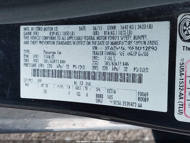 Продажа на аукционе авто 2015 Ford Fiesta S, vin: 3FADP4AJ0FM212890, номер лота: 44856777