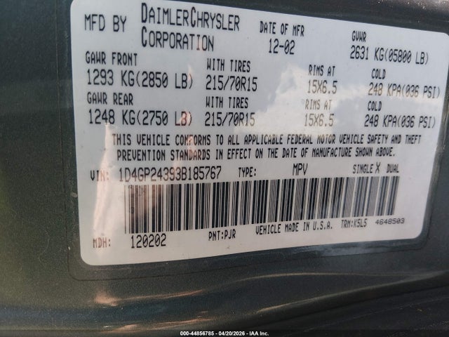2003 Dodge Grand Caravan Se მანქანა იყიდება აუქციონზე, vin: 1d4gp24393b185767, აუქციონის ნომერი: 44856785