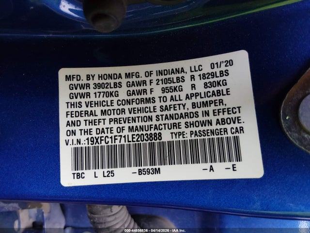 Продажа на аукционе авто 2020 Honda Civic Ex-l, vin: 19XFC1F71LE203888, номер лота: 44856836