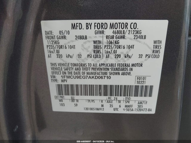 Продажа на аукционе авто 2010 Ford Escape Limited, vin: 1FMCU9EG7AKD06710, номер лота: 44856897