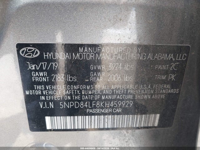 2019 Hyundai Elantra Sel მანქანა იყიდება აუქციონზე, vin: 5NPD84LF8KH459929, აუქციონის ნომერი: 44856909
