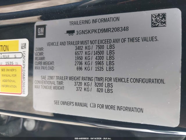 1GNSKPKD9MR208348 Chevrolet Tahoe 4wd Z71