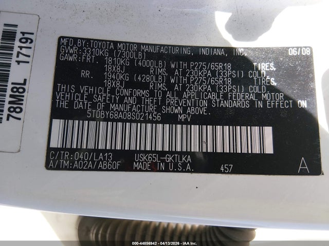 Продажа на аукционе авто 2008 Toyota Sequoia Limited 5.7l V8, vin: 5TDBY68A08S021456, номер лота: 44856942