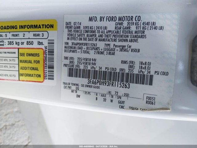 44856945 :رقم المزاد ، 3FA6P0H93FR115263 vin ، 2015 Ford Fusion Se مزاد بيع