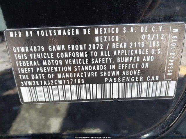 Продаж на аукціоні авто 2012 Volkswagen Jetta 2.0l S, vin: 3VW2K7AJ2CM117158, номер лоту: 44856955