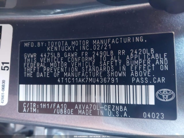 4T1C11AK7MU436791 Toyota CAMRY LE