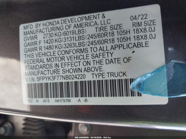 Honda Ridgeline Rtl-e 2022 5FPYK3F77NB024220 Image 9