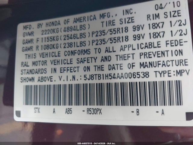 44857015 :رقم المزاد ، 5J8TB1H54AA006538 vin ، 2010 Acura Rdx مزاد بيع