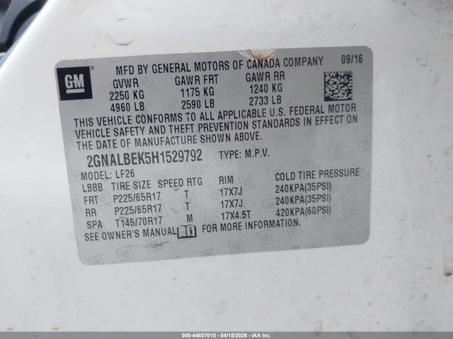 2017 Chevrolet Equinox Ls მანქანა იყიდება აუქციონზე, vin: 2GNALBEK5H1529792, აუქციონის ნომერი: 44857018