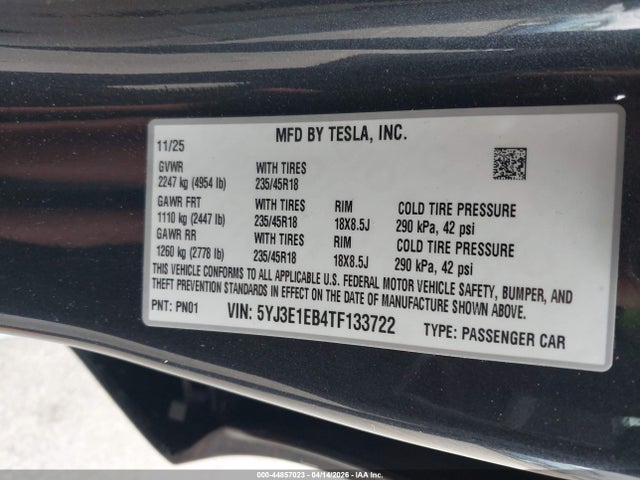 Продажа на аукционе авто 2026 Tesla Model 3 Premium All-wheel Drive, vin: 5YJ3E1EB4TF133722, номер лота: 44857023