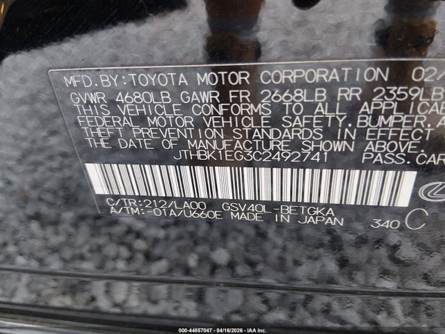 Aukcja sprzedaży 2012 Lexus Es 350, vin: JTHBK1EG3C2492741, numer aukcji: 44857047