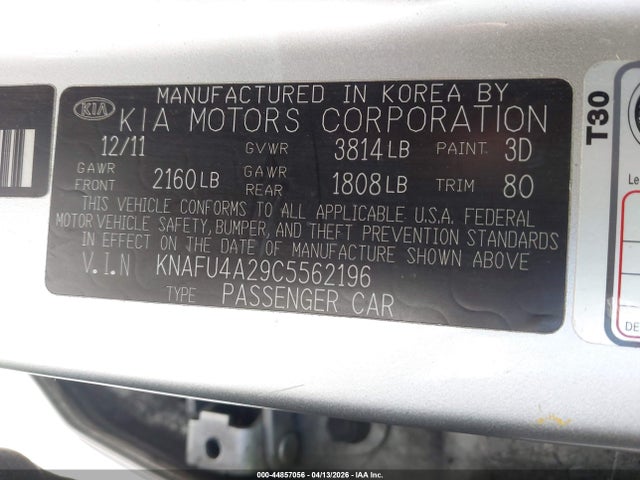 Aukcja sprzedaży 2012 Kia Forte Ex, vin: KNAFU4A29C5562196, numer aukcji: 44857056