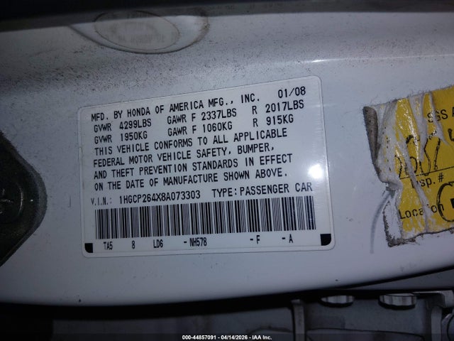 44857091 :رقم المزاد ، 1HGCP264X8A073303 vin ، 2008 Honda Accord 2.4 Lx-p مزاد بيع