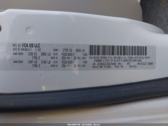 Aukcja sprzedaży 2016 Dodge Grand Caravan Sxt, vin: 2C4RDGCG7GR274499, numer aukcji: 44857106