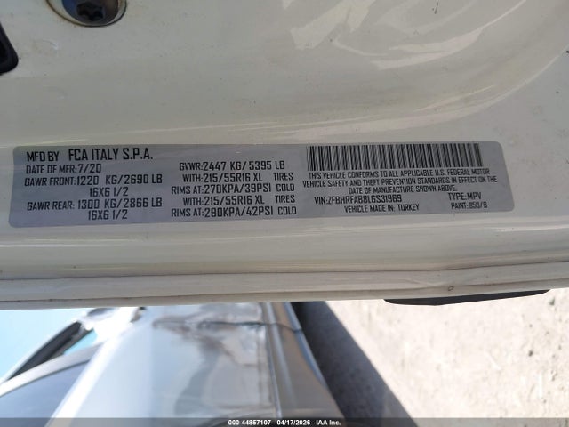 2020 Ram Promaster City Tradesman მანქანა იყიდება აუქციონზე, vin: ZFBHRFAB8L6S31969, აუქციონის ნომერი: 44857107