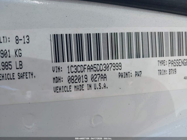 44857109 :رقم المزاد ، 1C3CDFAA5DD307999 vin ، 2013 Dodge Dart Se مزاد بيع