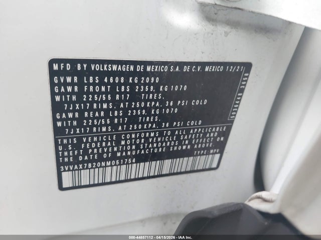 Aukcja sprzedaży 2022 Volkswagen Taos 1.5t S, vin: 3VVAX7B20NM051754, numer aukcji: 44857112