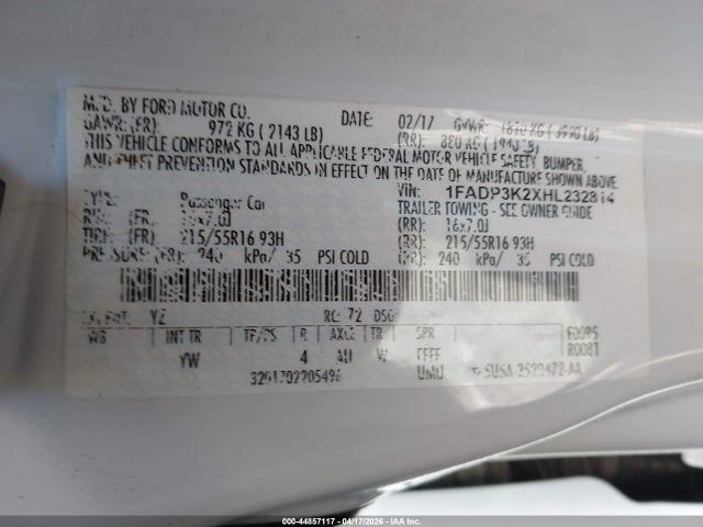 44857117 :رقم المزاد ، 1FADP3K2XHL232814 vin ، 2017 Ford Focus Se مزاد بيع