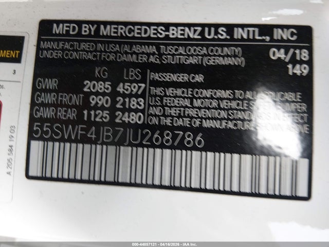 44857121 :رقم المزاد ، 55SWF4JB7JU268786 vin ، 2018 Mercedes-benz C 300 مزاد بيع