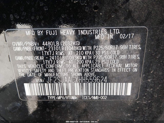 Продаж на аукціоні авто 2017 Subaru Forester 2.5i, vin: JF2SJAACXHH559624, номер лоту: 44857138