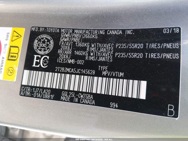 44857143 :رقم المزاد ، 2T2BZMCA5JC145628 vin ، 2018 Lexus Rx 350 مزاد بيع