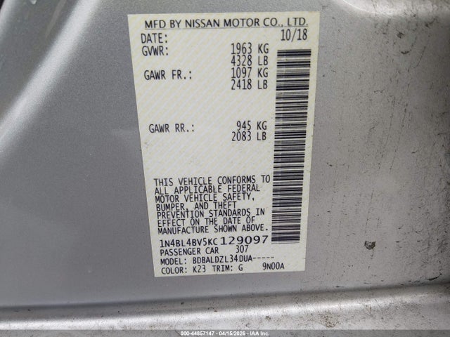 Nissan Altima 2.5 S 2019 1N4BL4BV5KC129097 Image 9